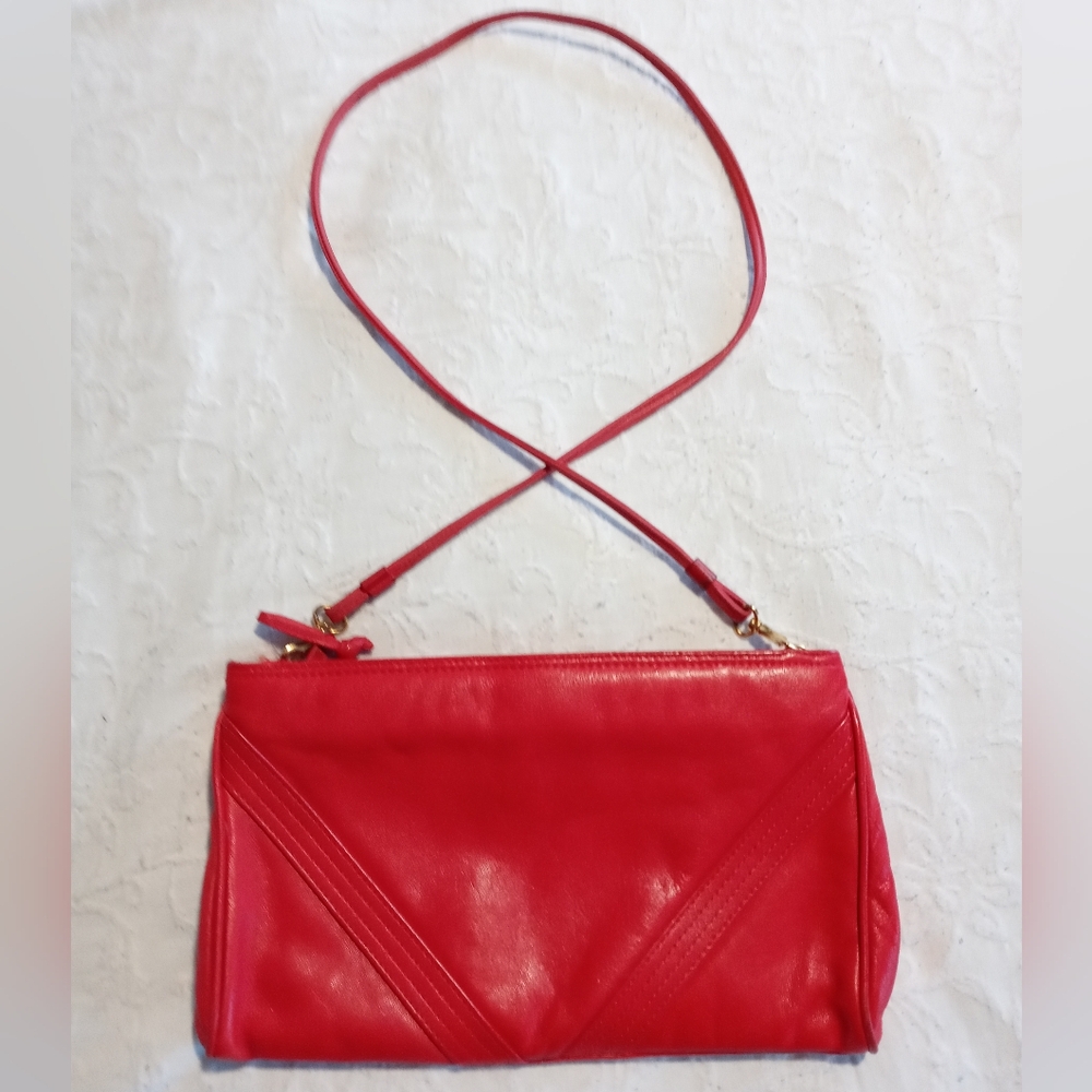 VINTAGE Red Genuine Leather Crossbody Clutch Purse with Removable Straps